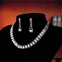 Elegant Pearl and Rhinestone Necklace and Earrings Set Formal Jewelry