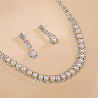 Elegant Pearl and Rhinestone Necklace and Earrings Set Formal Jewelry