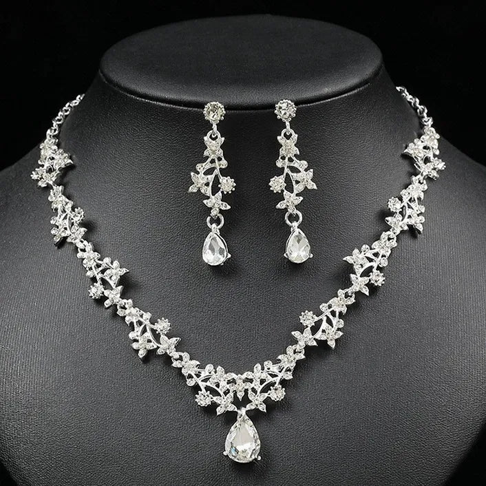 Floral Teardrop Crystal Bridal Jewelry Set Silver Plated Necklace Drop Earrings