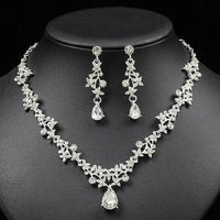 Floral Teardrop Crystal Bridal Jewelry Set Silver Plated Necklace Drop Earrings