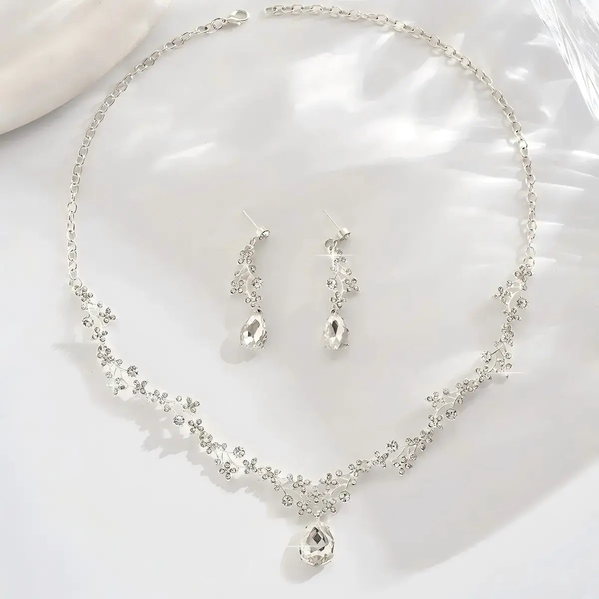 Floral Teardrop Crystal Bridal Jewelry Set Silver Plated Necklace Drop Earrings