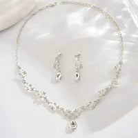 Floral Teardrop Crystal Bridal Jewelry Set Silver Plated Necklace Drop Earrings