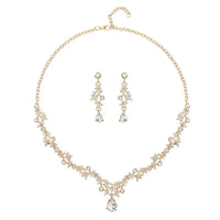 Floral Teardrop Crystal Bridal Jewelry Set Silver Plated Necklace Drop Earrings
