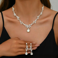 Floral Teardrop Crystal Bridal Jewelry Set Silver Plated Necklace Drop Earrings
