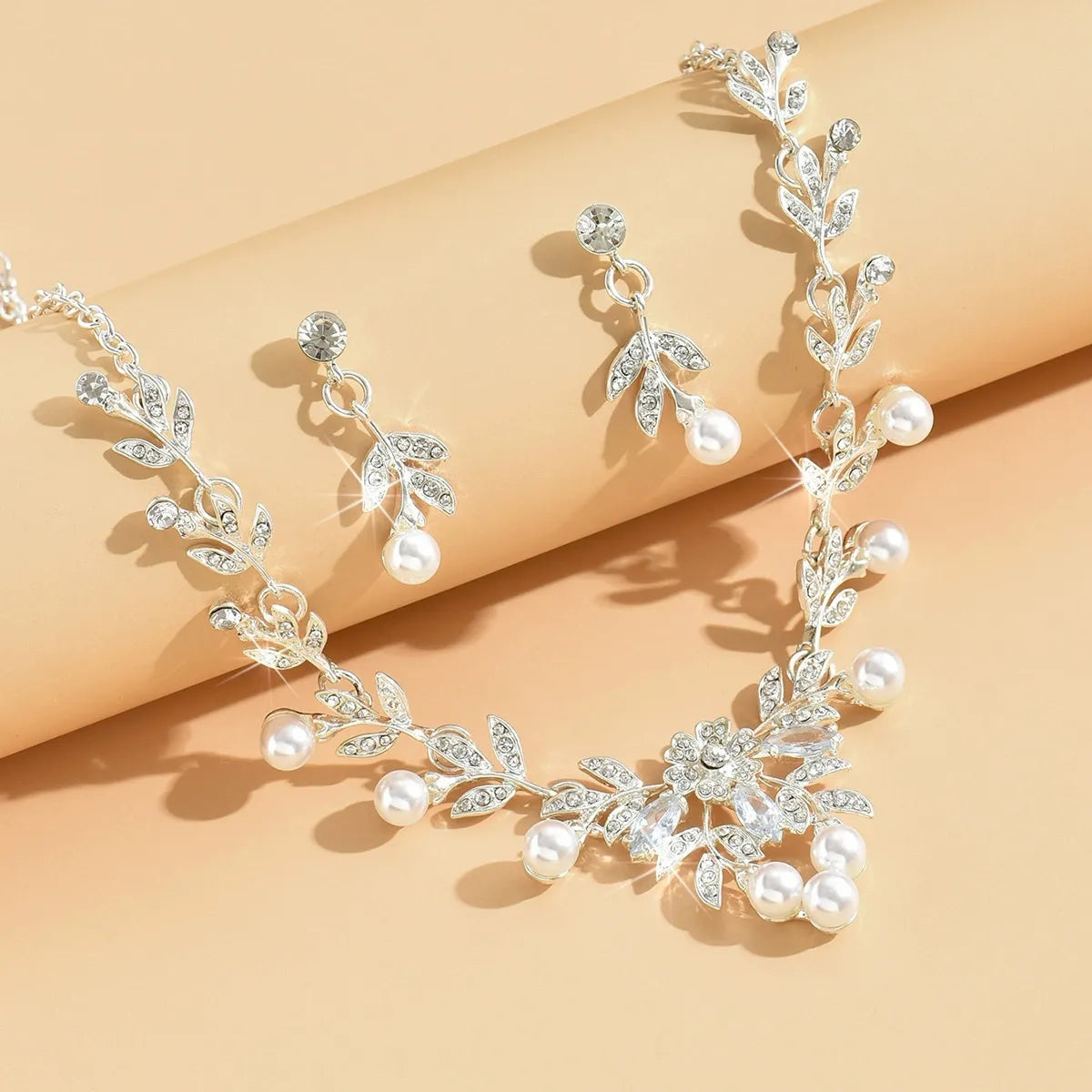 Elegant Leaf Branch Pearl Rhinestone Necklace Earrings Set Formal Jewelry