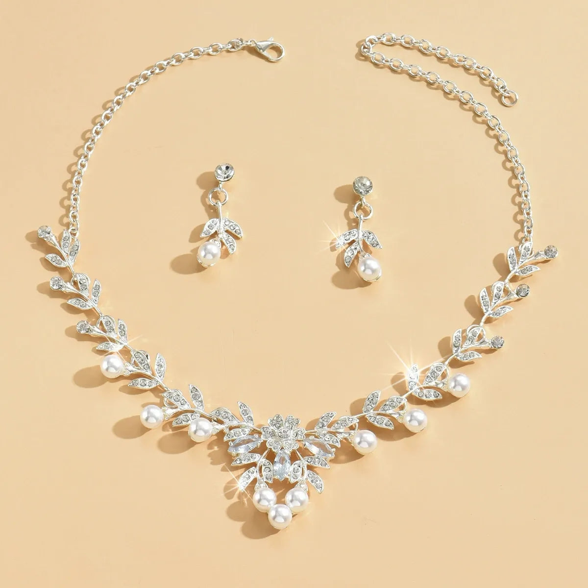 Elegant Leaf Branch Pearl Rhinestone Necklace Earrings Set Formal Jewelry