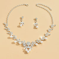 Elegant Leaf Branch Pearl Rhinestone Necklace Earrings Set Formal Jewelry