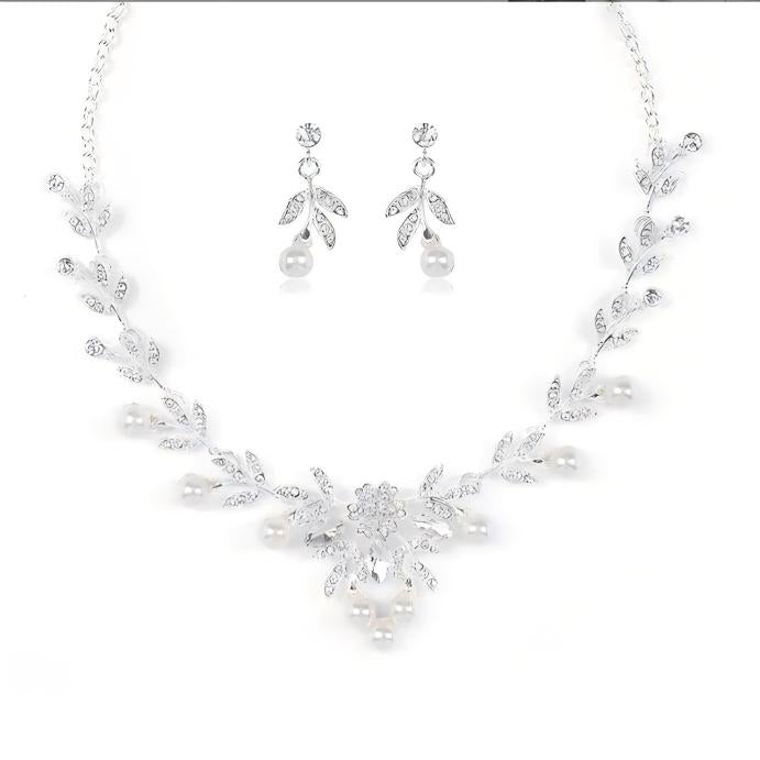 Elegant Leaf Branch Pearl Rhinestone Necklace Earrings Set Formal Jewelry