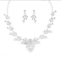 Elegant Leaf Branch Pearl Rhinestone Necklace Earrings Set Formal Jewelry
