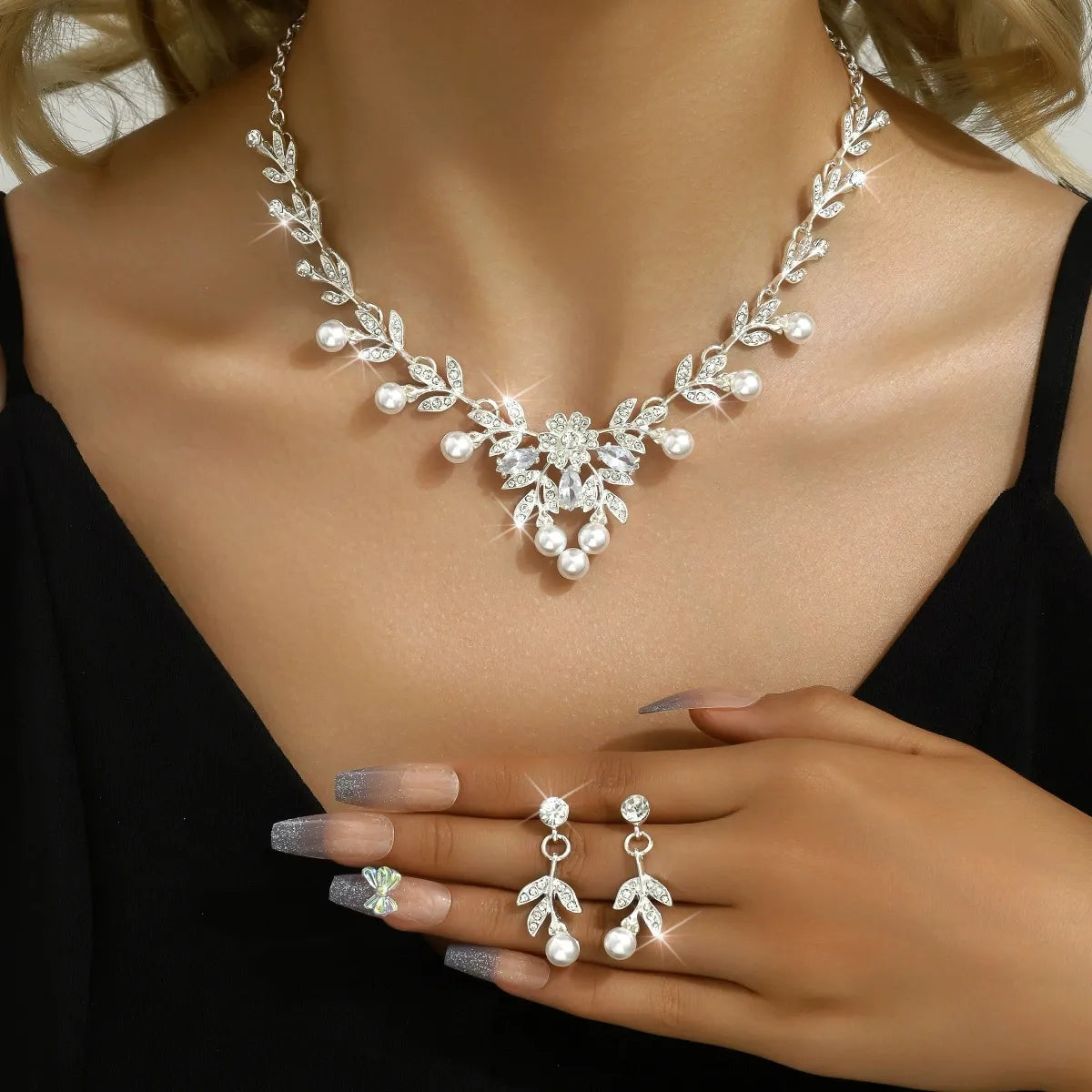 Elegant Leaf Branch Pearl Rhinestone Necklace Earrings Set Formal Jewelry
