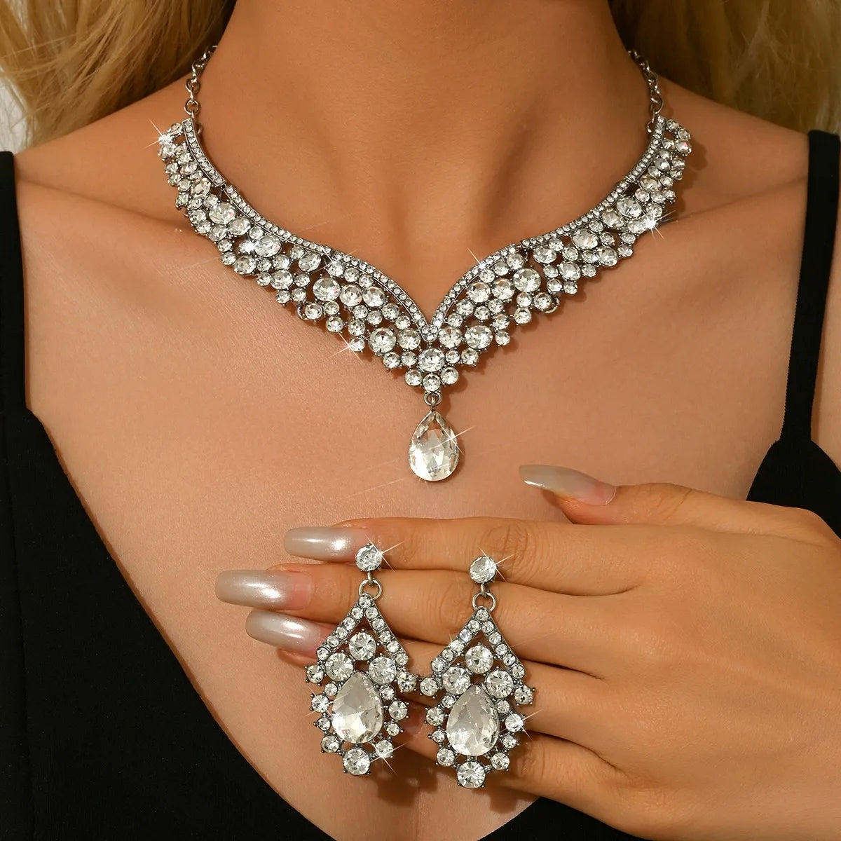 Luxury Rhinestone Statement Necklace and Earrings Set Formal Jewelry