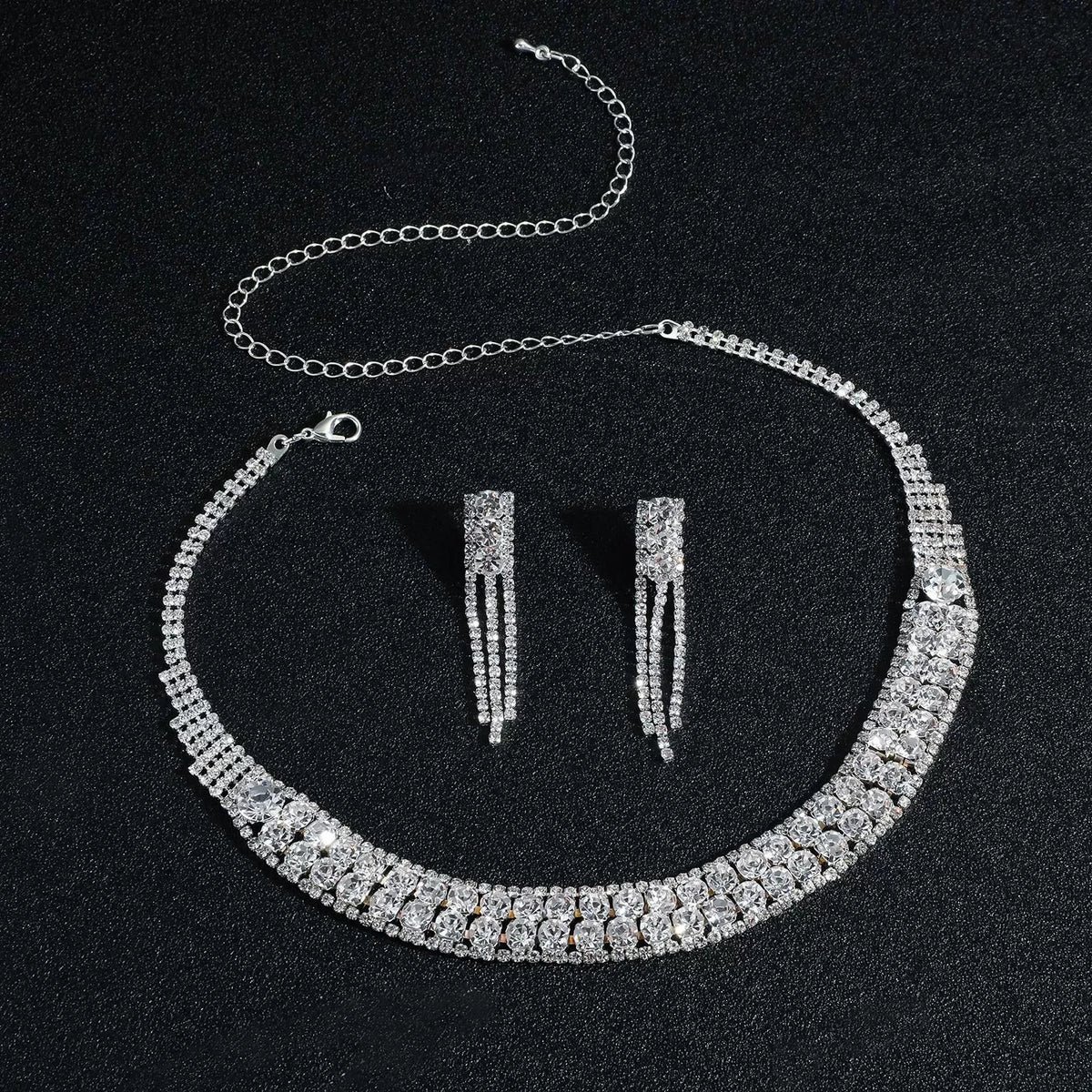 Luxury Full Crystal Statement Necklace Tassel Earrings Set Formal Jewelry