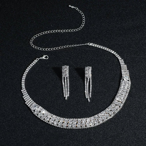 Luxury Full Crystal Statement Necklace Tassel Earrings Set Formal Jewelry