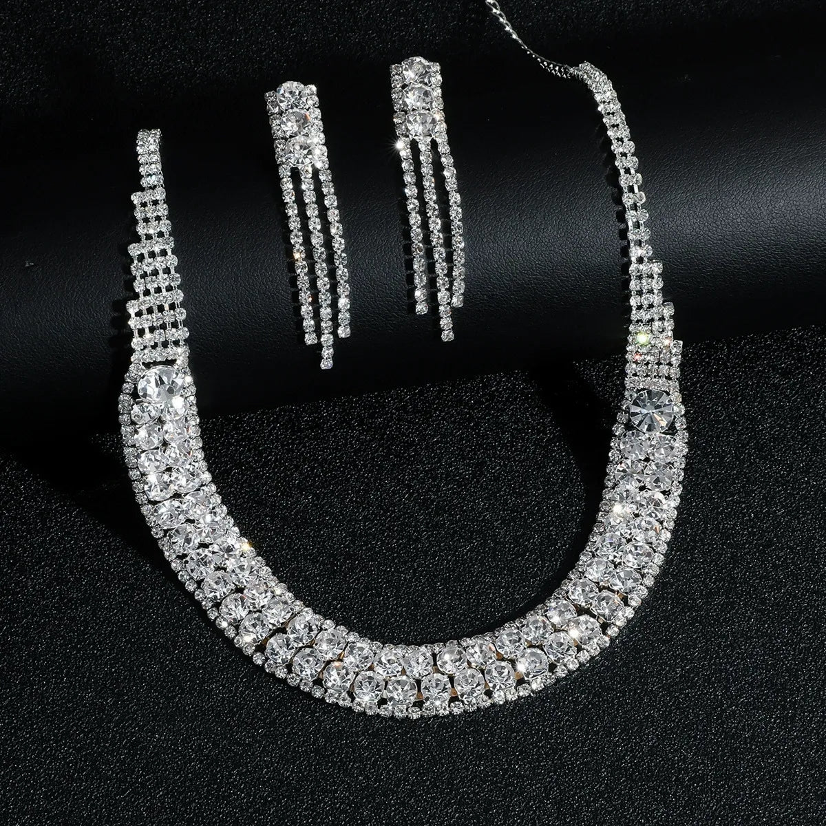 Luxury Full Crystal Statement Necklace Tassel Earrings Set Formal Jewelry