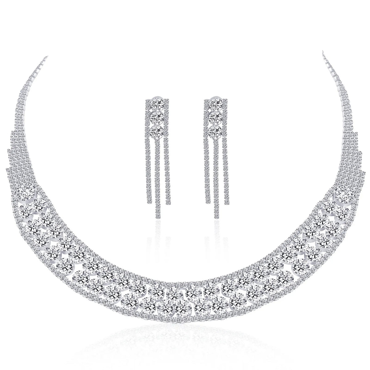 Luxury Full Crystal Statement Necklace Tassel Earrings Set Formal Jewelry