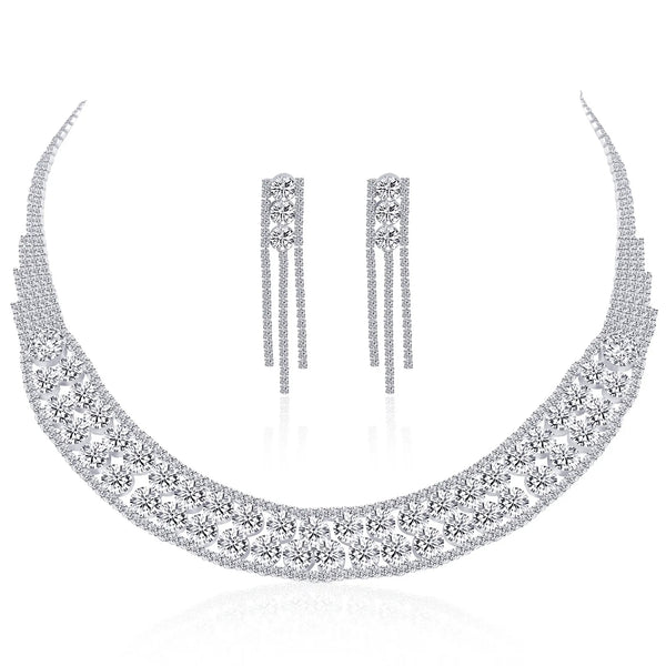 Luxury Full Crystal Statement Necklace Tassel Earrings Set Formal Jewelry