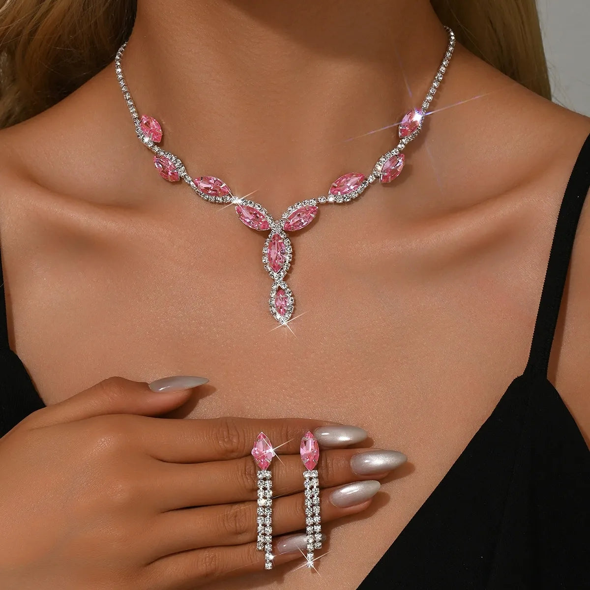 Luxury Rhinestone Bridal Necklace Earrings Set Formal Jewelry