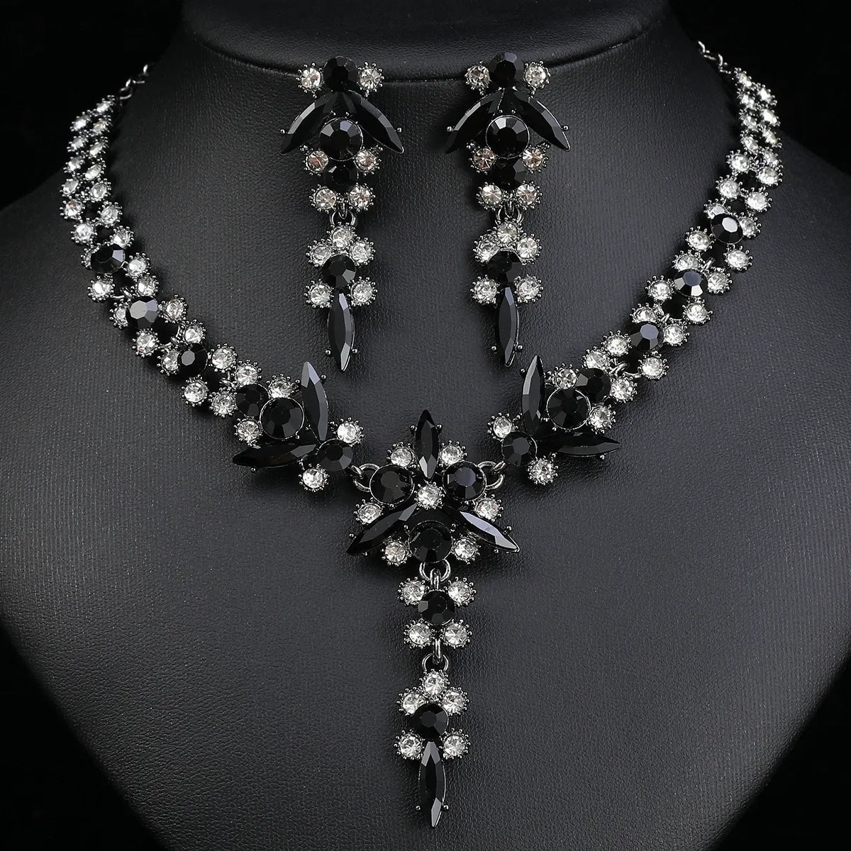 Luxury Rhinestone Statement Necklace Earrings Set Formal Jewelry