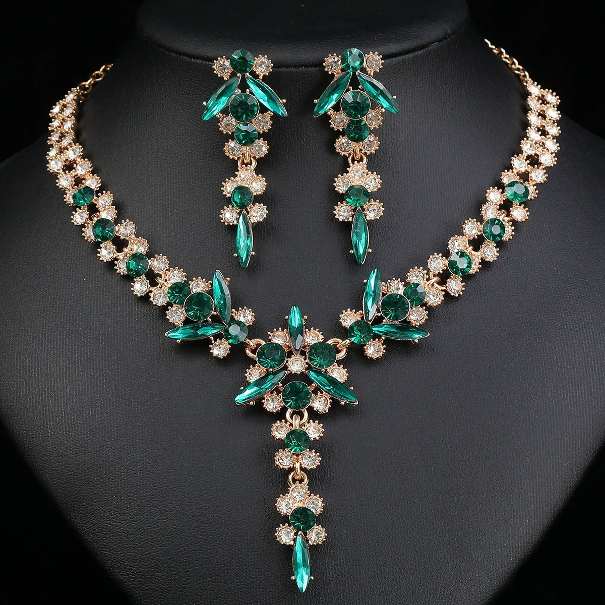 Luxury Rhinestone Statement Necklace Earrings Set Formal Jewelry