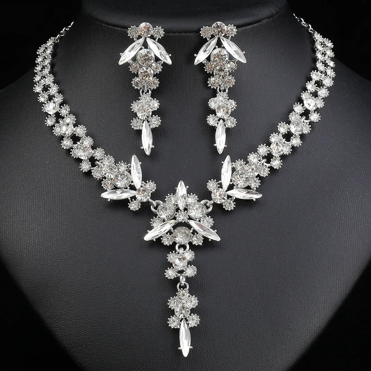 Luxury Rhinestone Statement Necklace Earrings Set Formal Jewelry