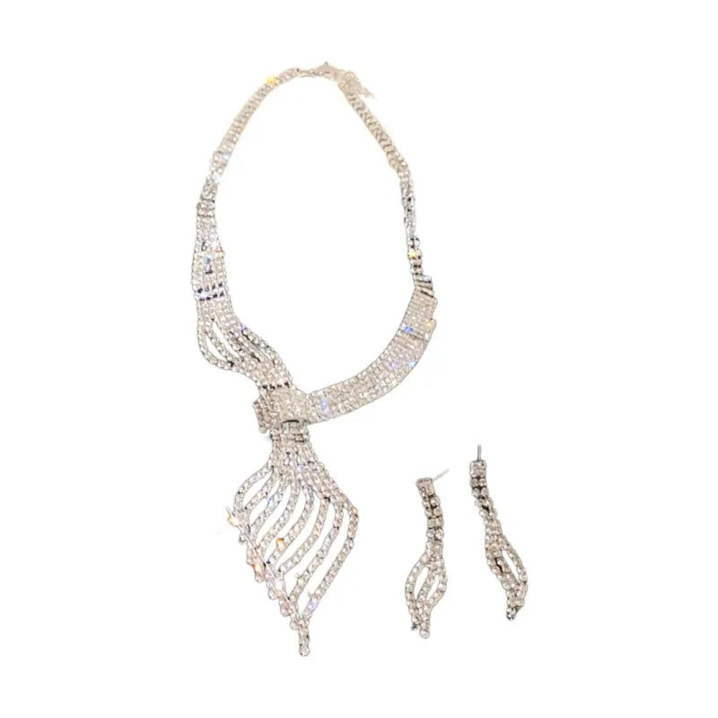 Luxury Sparkling Cubic Zirconia Twist Pendant Necklace Earrings Set Formal Jewelry