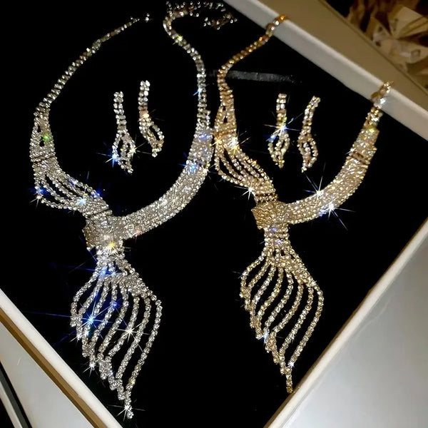 Luxury Sparkling Cubic Zirconia Twist Pendant Necklace Earrings Set Formal Jewelry
