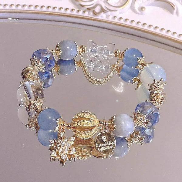 Blue Crystal Bead Bracelets Gold Snowflake Charm