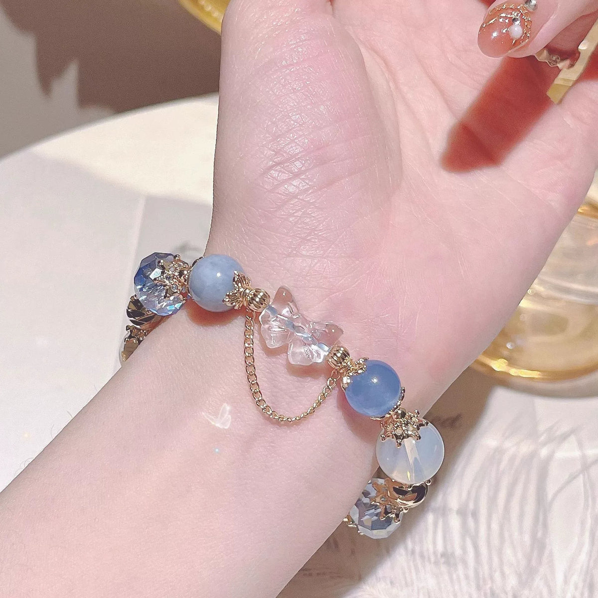 Blue Crystal Bead Bracelets Gold Snowflake Charm