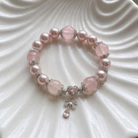 Pink Crystal Pearl Heart Charm Bead Bracelets