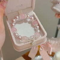 Pink Crystal Pearl Heart Charm Bead Bracelets