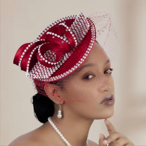 Red Satin Rhinestone Fascinator with Birdcage Veil