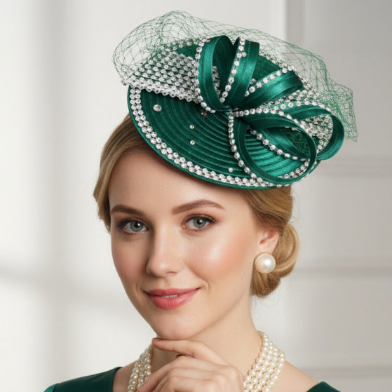 Emerald Satin Rhinestone Fascinator with Green Net Veil