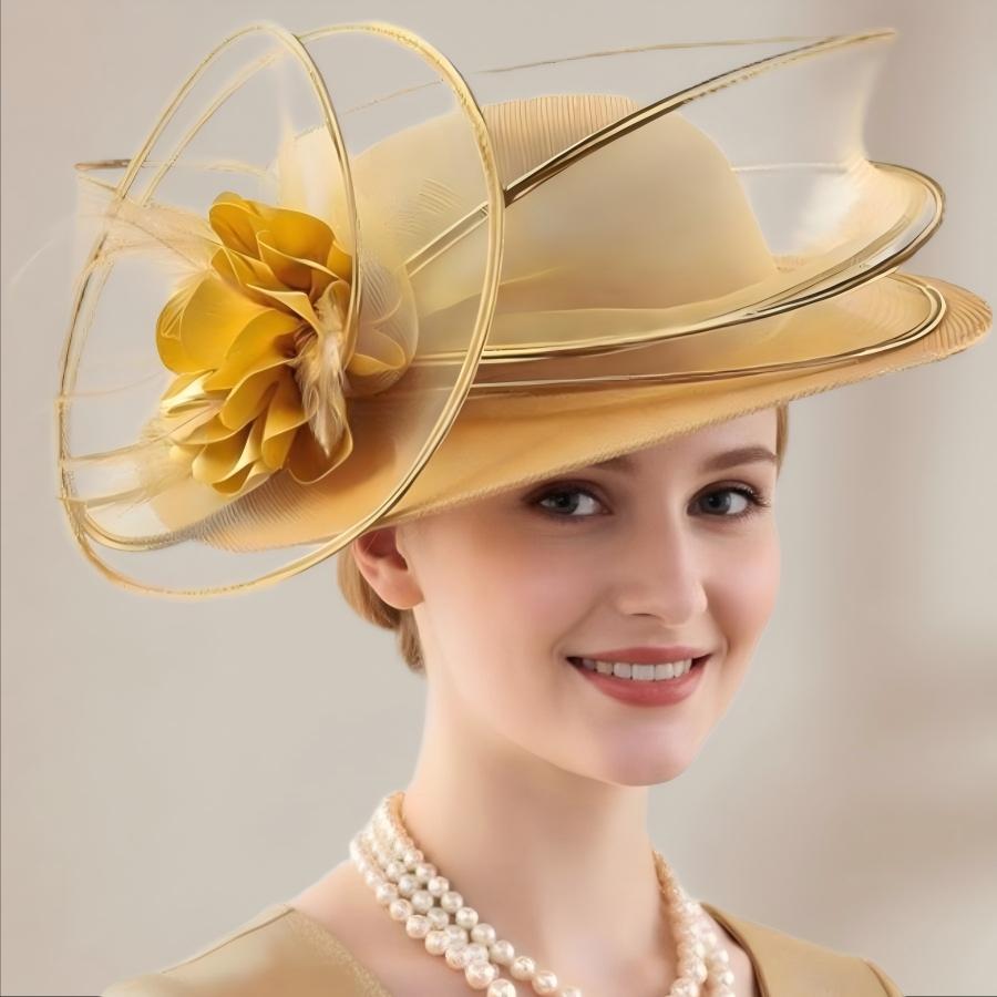 Gold Organza Flower Wide Brim Wedding Fascinator Hat