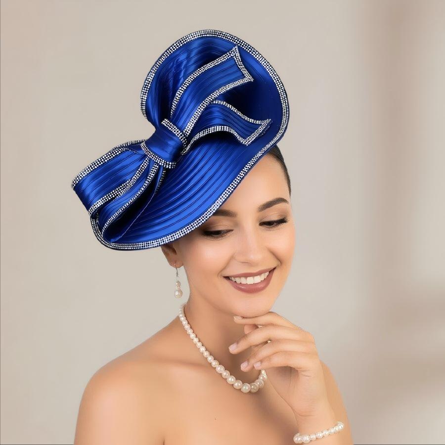 Royal Blue Rhinestone Satin Bow Fascinator Hat
