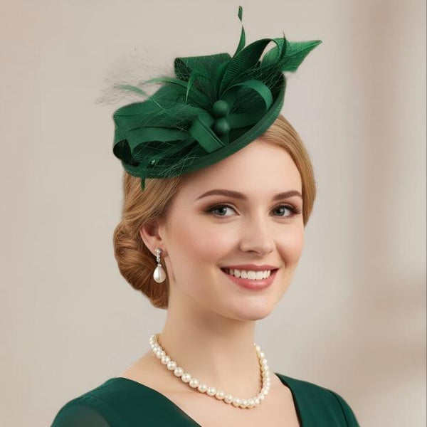 Emerald Green Ribbon Feather Pillbox Fascinator