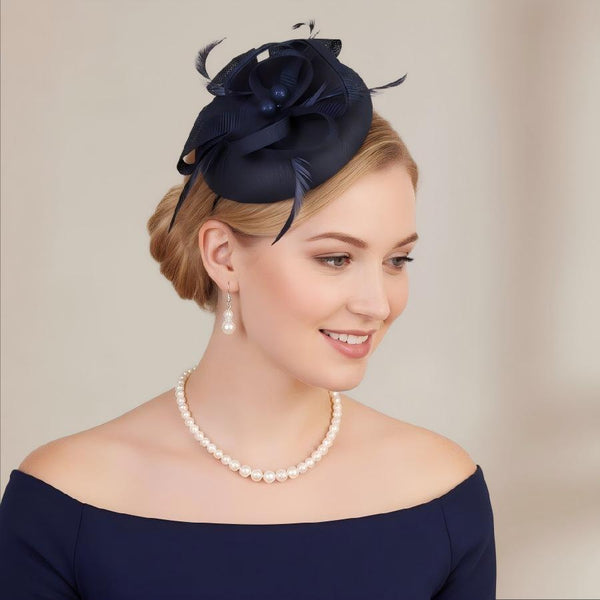 Elegant Navy Blue Feather Fascinator Pillbox Hat for Tea Party & Weddings
