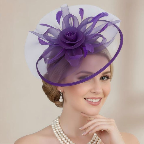 Elegant Purple Floral Fascinator Hat with Feathers for Tea Party & Kentucky Derby