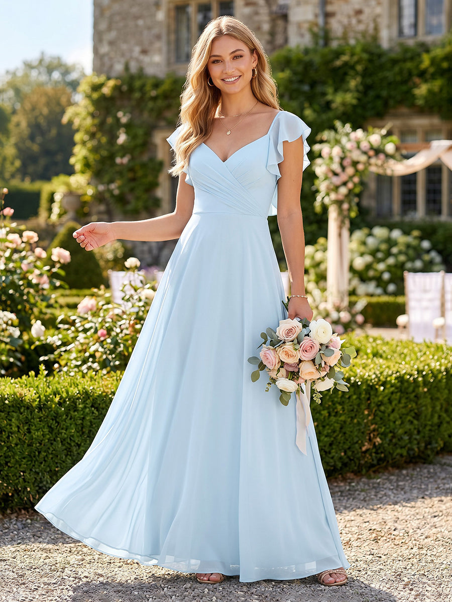 Chiffon A Line V Neck Bridesmaid Dresses with Ruched