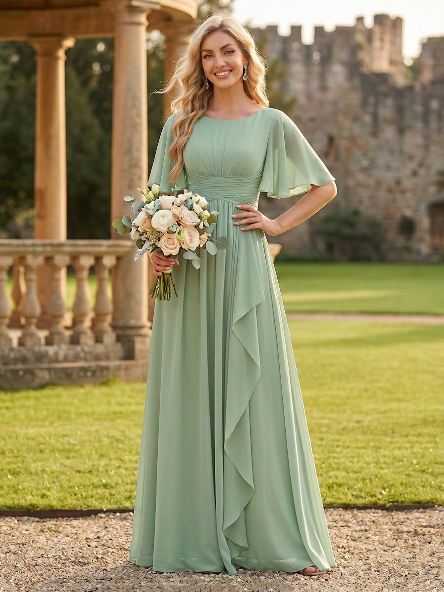 Chiffon A Line Scoop Neck Ruched Bridesmaid Dresses with Sleeves