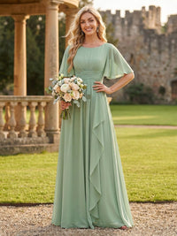 Chiffon A Line Scoop Neck Ruched Bridesmaid Dresses with Sleeves