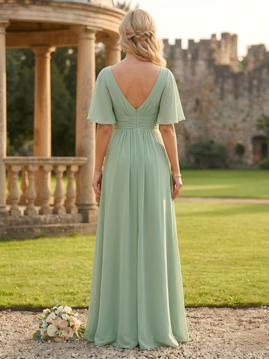 Chiffon A Line Scoop Neck Ruched Bridesmaid Dresses with Sleeves