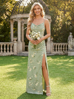 Chiffon Sheath Floral Bridesmaid Dresses with Slit