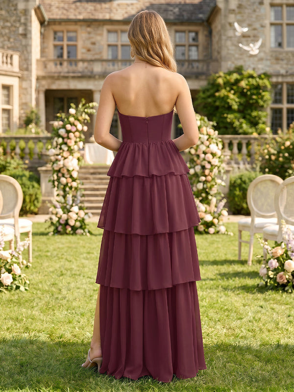Chiffon A Line Tiered Sweetheart Bridesmaid Dresses with Slit
