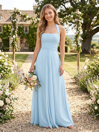 Chiffon A Line Sleeveless Halter Bridesmaid Dresses with Ruched