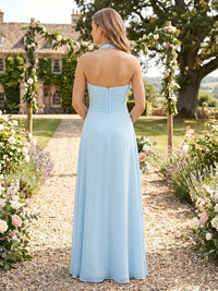 Chiffon A Line Sleeveless Halter Bridesmaid Dresses with Ruched