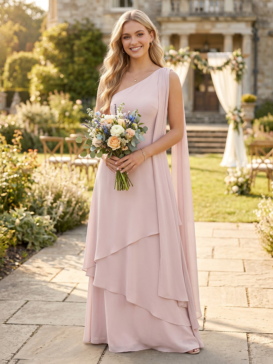 Chiffon One Shoulder A Line Tiered Bridesmaid Dresses
