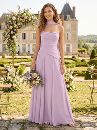 Chiffon A Line Cowl Neck Bridesmaid Dresses with Scarf