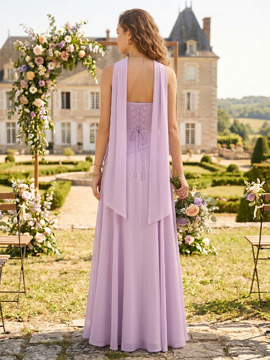 Chiffon A Line Cowl Neck Bridesmaid Dresses with Scarf