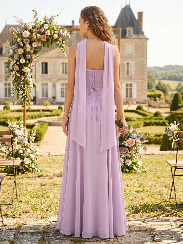 Chiffon A Line Cowl Neck Bridesmaid Dresses with Scarf