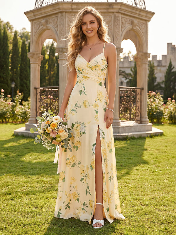 Chiffon A Line Floral V Neck Bridesmaid Dresses with Slit
